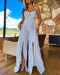 Summer Women Elegant Sexy Striped Spaghetti Straps Lace Up Sleeveless High Silt Sexy Jumpsuit