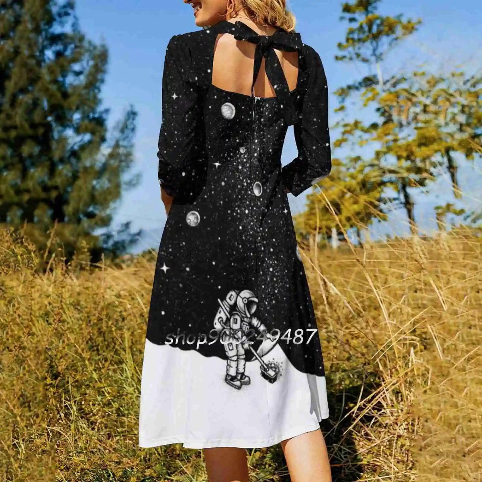 Cosmic Dust Sweetheart Knot Flared Dress Fashion Design Large Size Loose Dress Astronaut Space Stars Planets Cosmic Dust