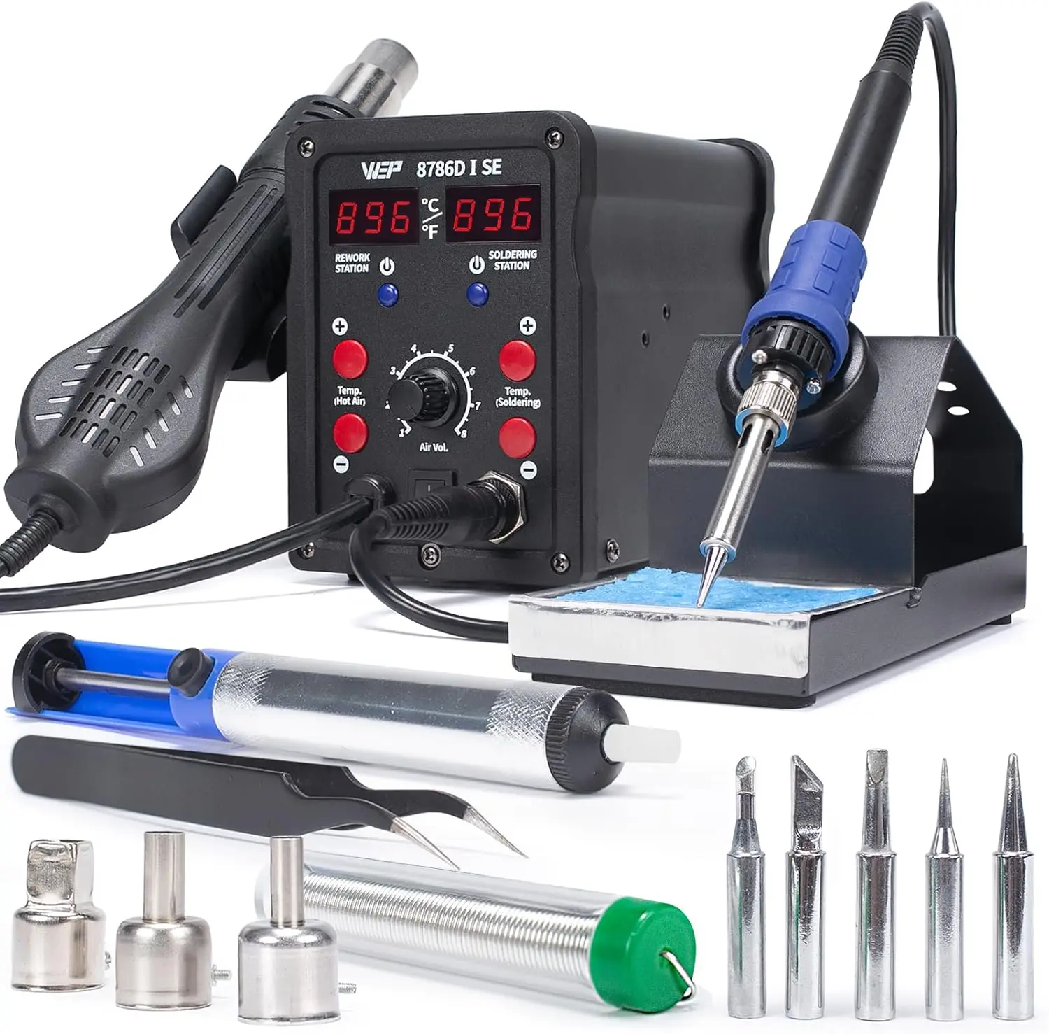 

2-in-1 Hot Air Soldering Iron Station Kit with Adjustable Temperature, 5 Tips, 3 Nozzles for Electronics Repair