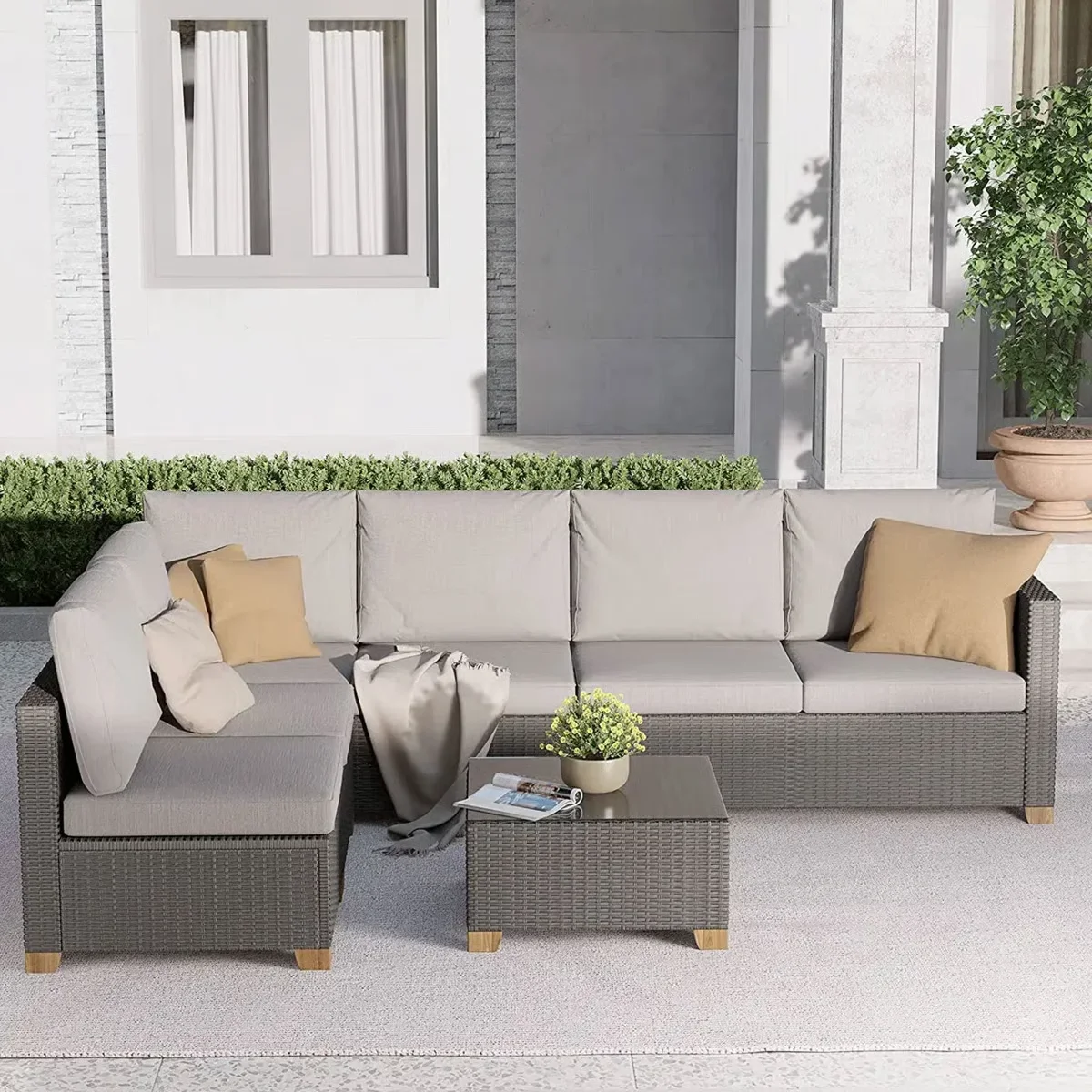 

Комплект мебели для патио на открытом воздухе, секционный диван, плетеные наборы для бесед из полиэтилена из ротанга с толстыми подушками и журнальным столиком