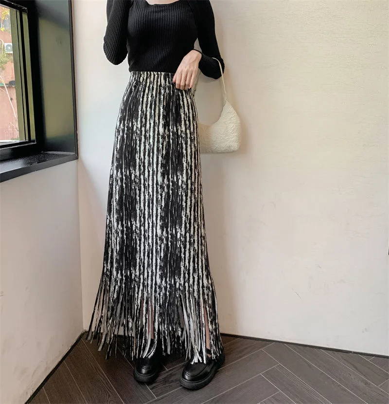 تنورة نسائية ريترو التعادل مصبوغ شرابة تنورة مرنة الإناث الخريف تصميم الشعور المتخصصة عالية الجودة تحسس عالية الخصر سليم ألين فستان