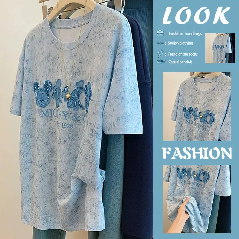 

Fun Mickey Beaded Embroidery Tie Dye Women's Short Sleeve T-Shirt Summer Breathable Cotton round Neck Top Female Fashion