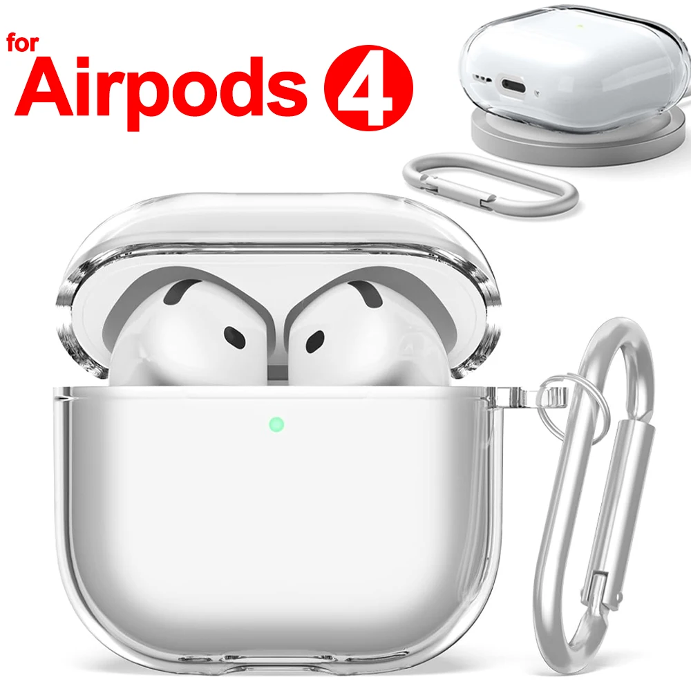 For Airpods 4 Clear Case Cover Soft TPU Shockproof Protective Sleeve with Carabiner for Air Pods 4th Generation Charging Case