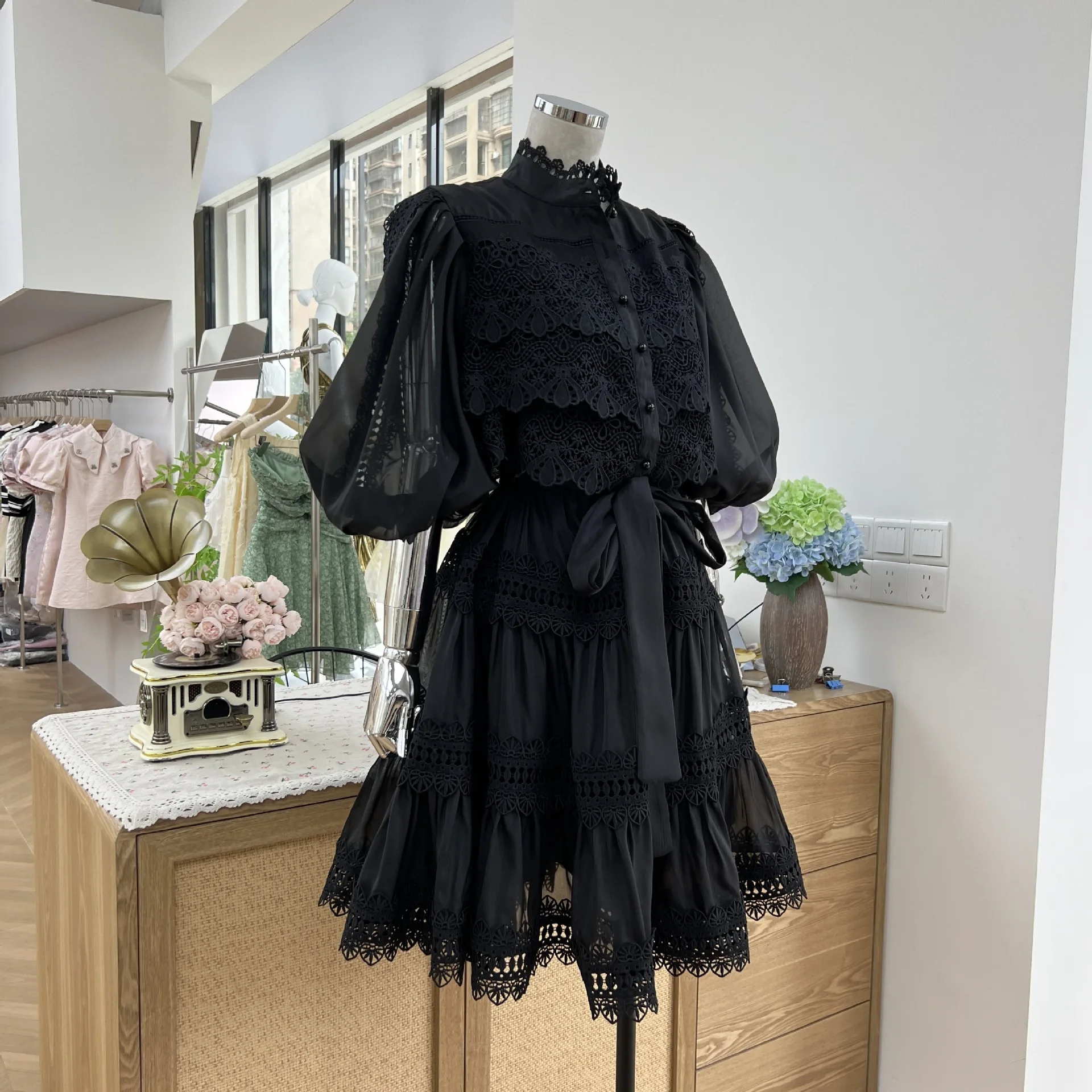 Luxury Organza Hollow Out Short Dress Women's Fashion 2025 Spring Summer Pearls Loose Evening Party Ruffles Dresses Quality