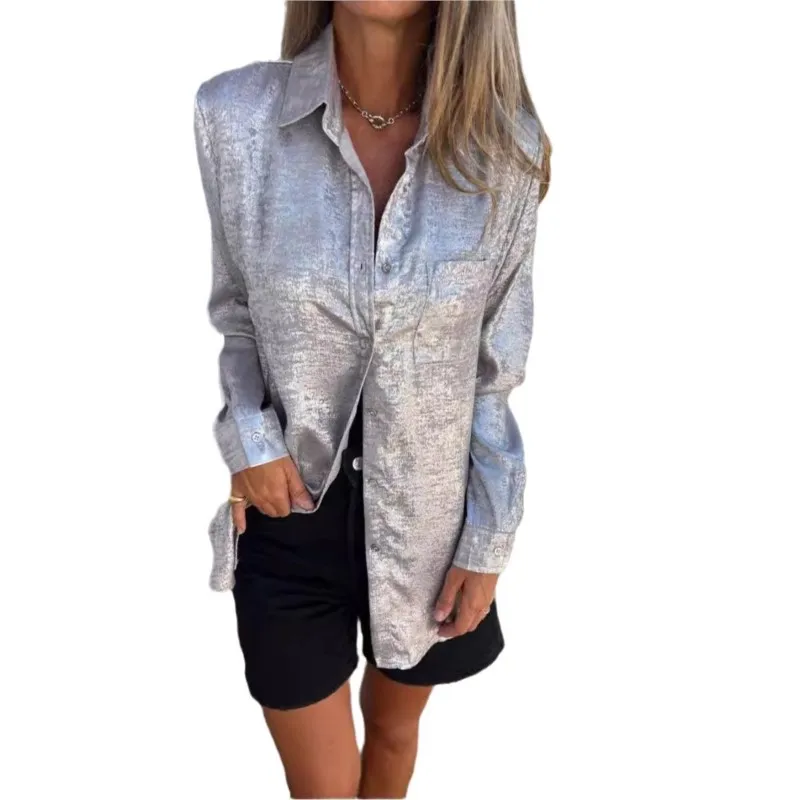 Women Shinny Golden Solid Shirt Fashion Blouse Vintage Loose Long Sleeved Shirt 2024 Spring Summer Casual Tops Blouse Streetwear