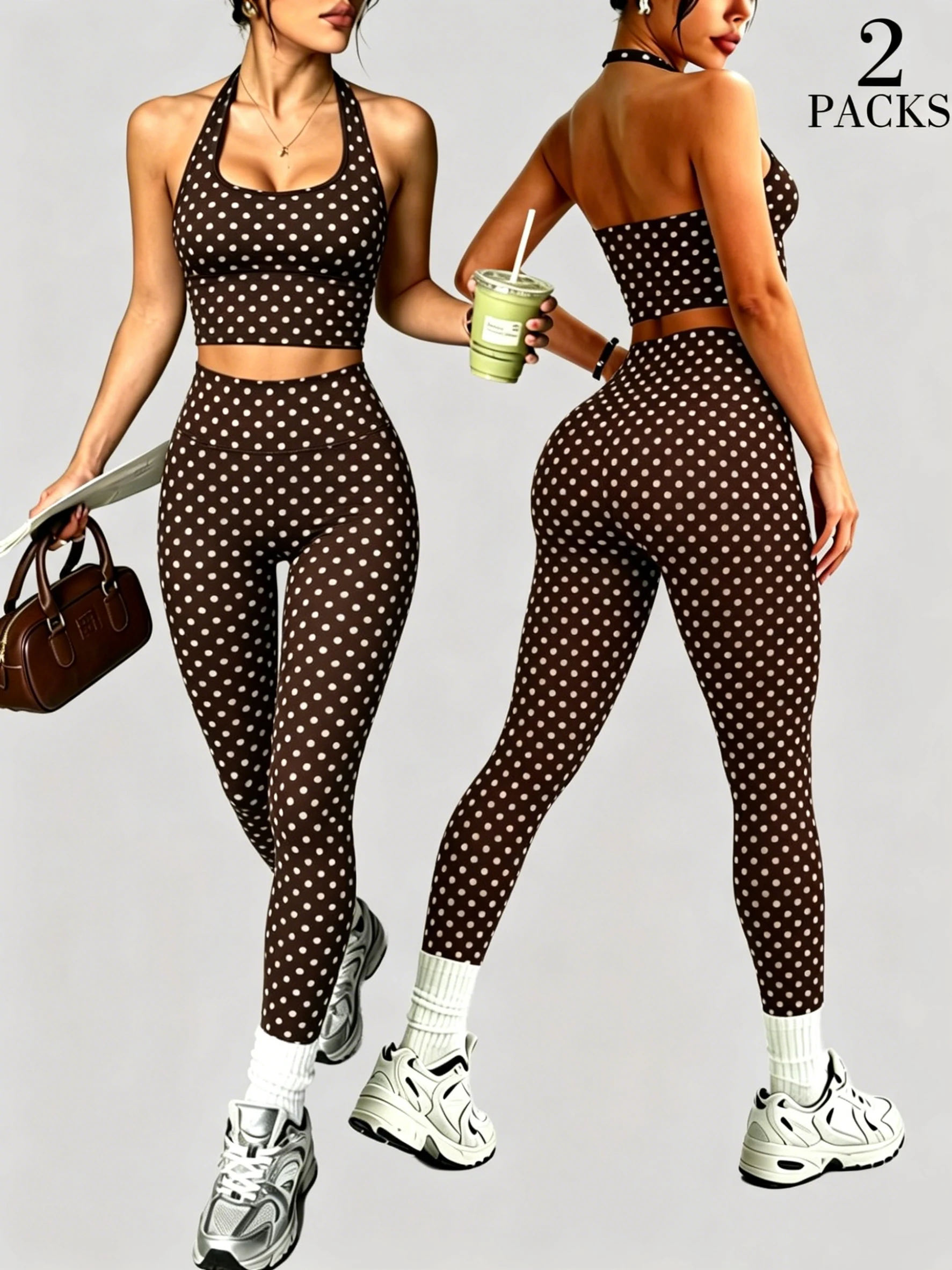 2Packs Women Y2K Polka Dot 2 Piece Set Halter Crop Top High Waist Leggings Sport Lounge Matching Outfit