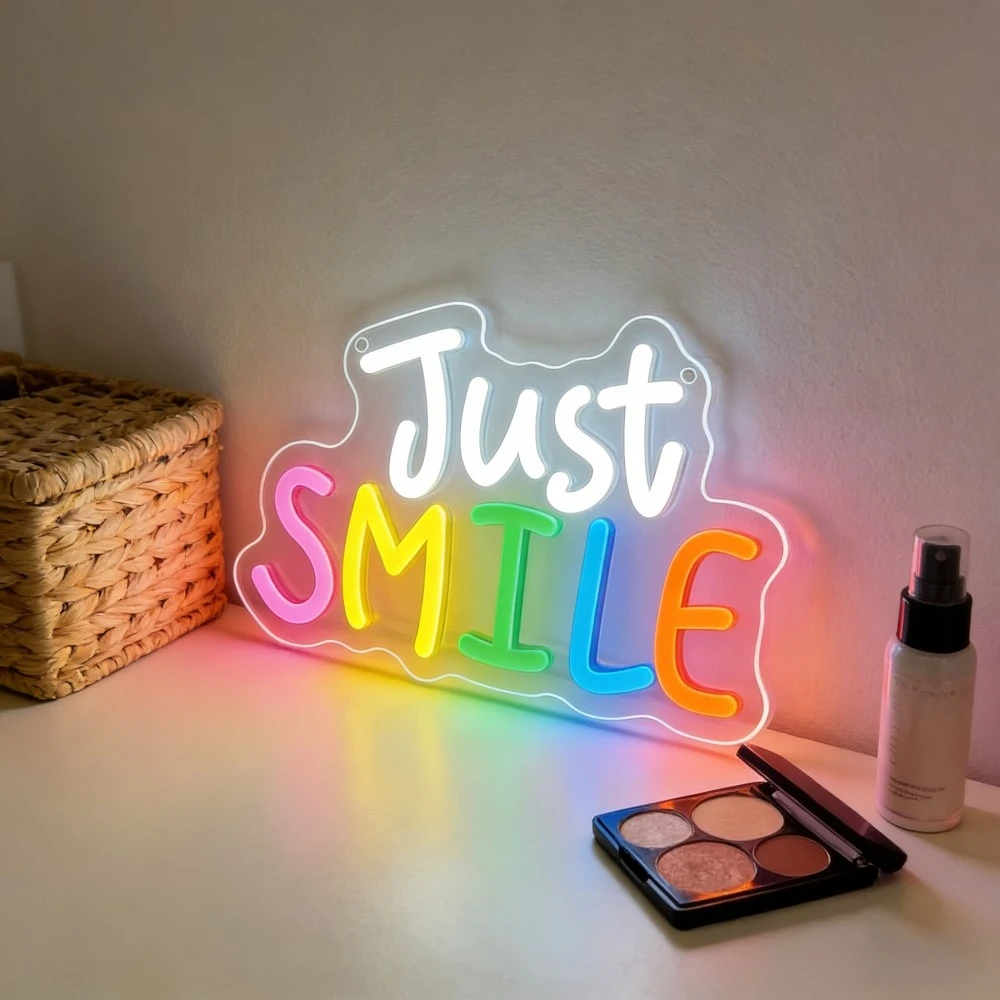 

Светодиодная неоновая вывеска Just Smile для дома, бара, кафе, спальни: создает позитивную и уютную атмосферу, вдохновляющая цитата, ночник, подарок