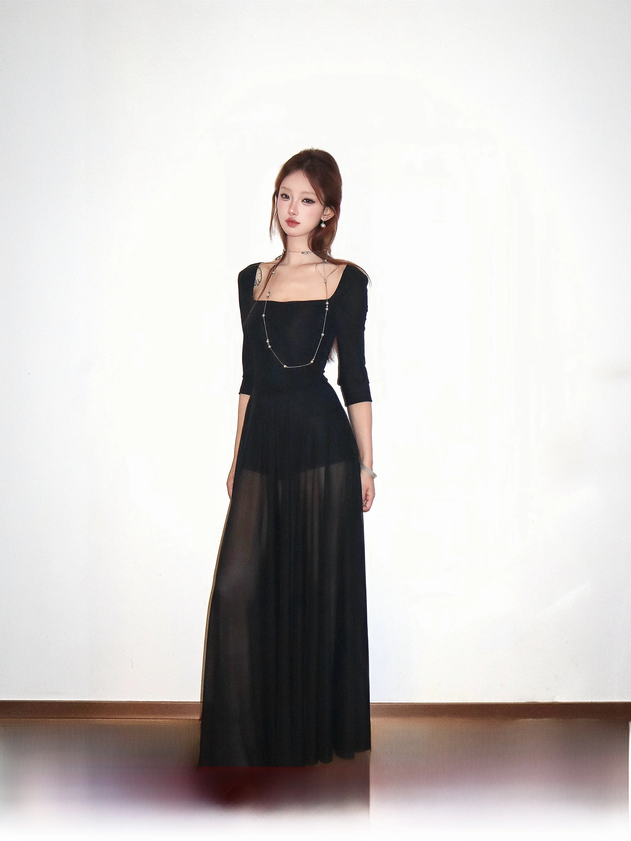 

Ruanrui Dark Muse Long Dress with See through Hemline Square Collar mid Sleeve Base Layer Pants Included Women's Fashion