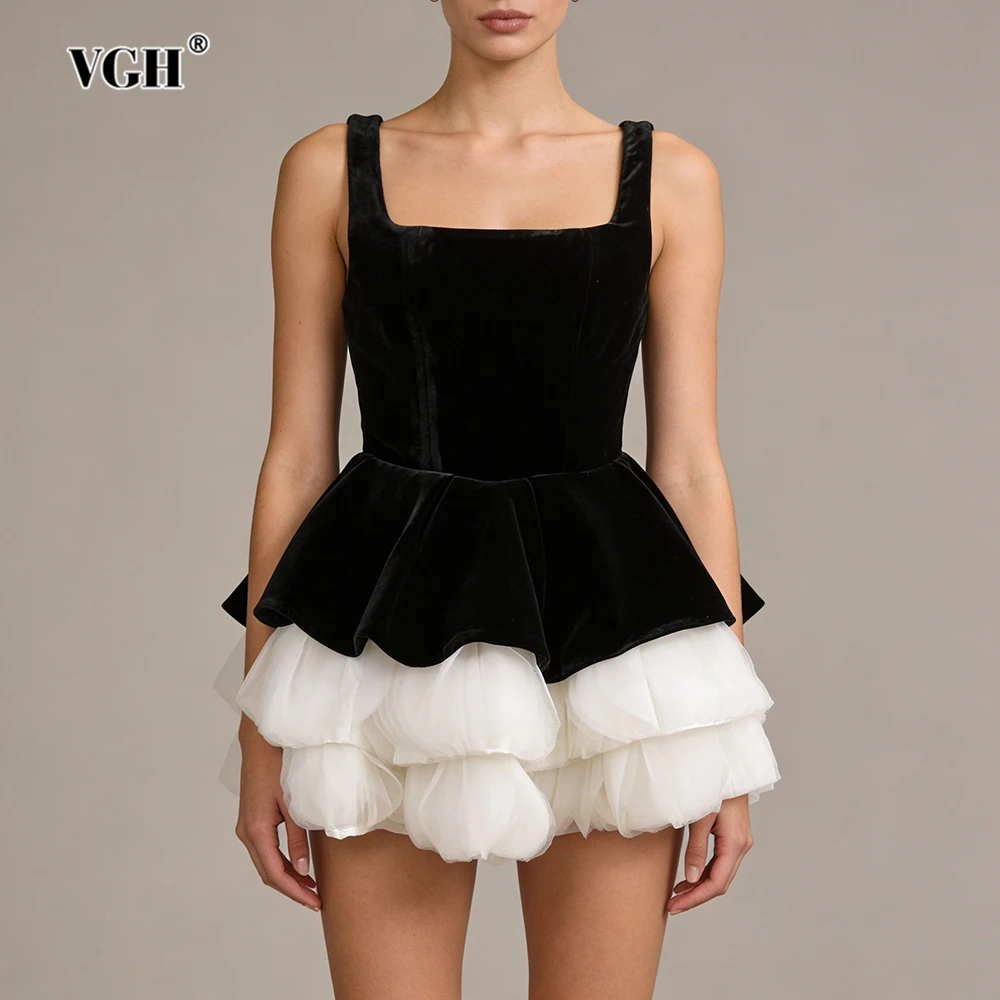 VGH 섹시 파티 히트 컬러 벨벳 미니 드레스 여성용 스퀘어 칼라 민소매 패치워크 레이어드 메쉬 케이크 드레스 여성 스타일