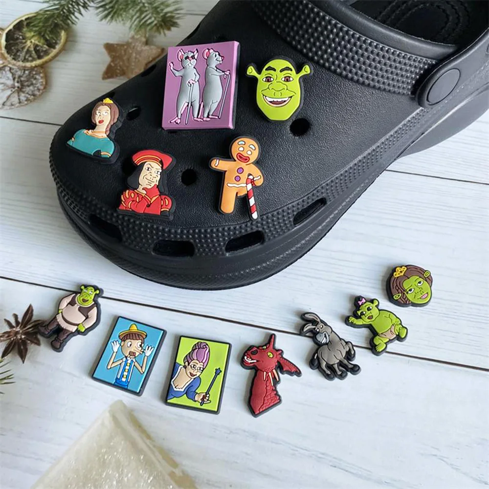 

1-13pcs Shrek anime Shoes Charms Accessories Fit Clog Backapck Wristbands sandales Decorate Buckle Christmas Parties Gift