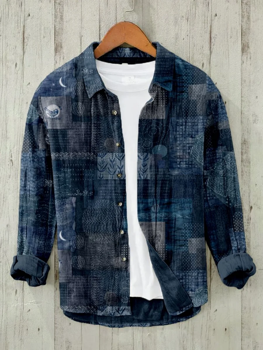2025 new retro Hawaiian men's fish pattern linen printed long-sleeved shirt, casual blouse, fashion loose and breathable