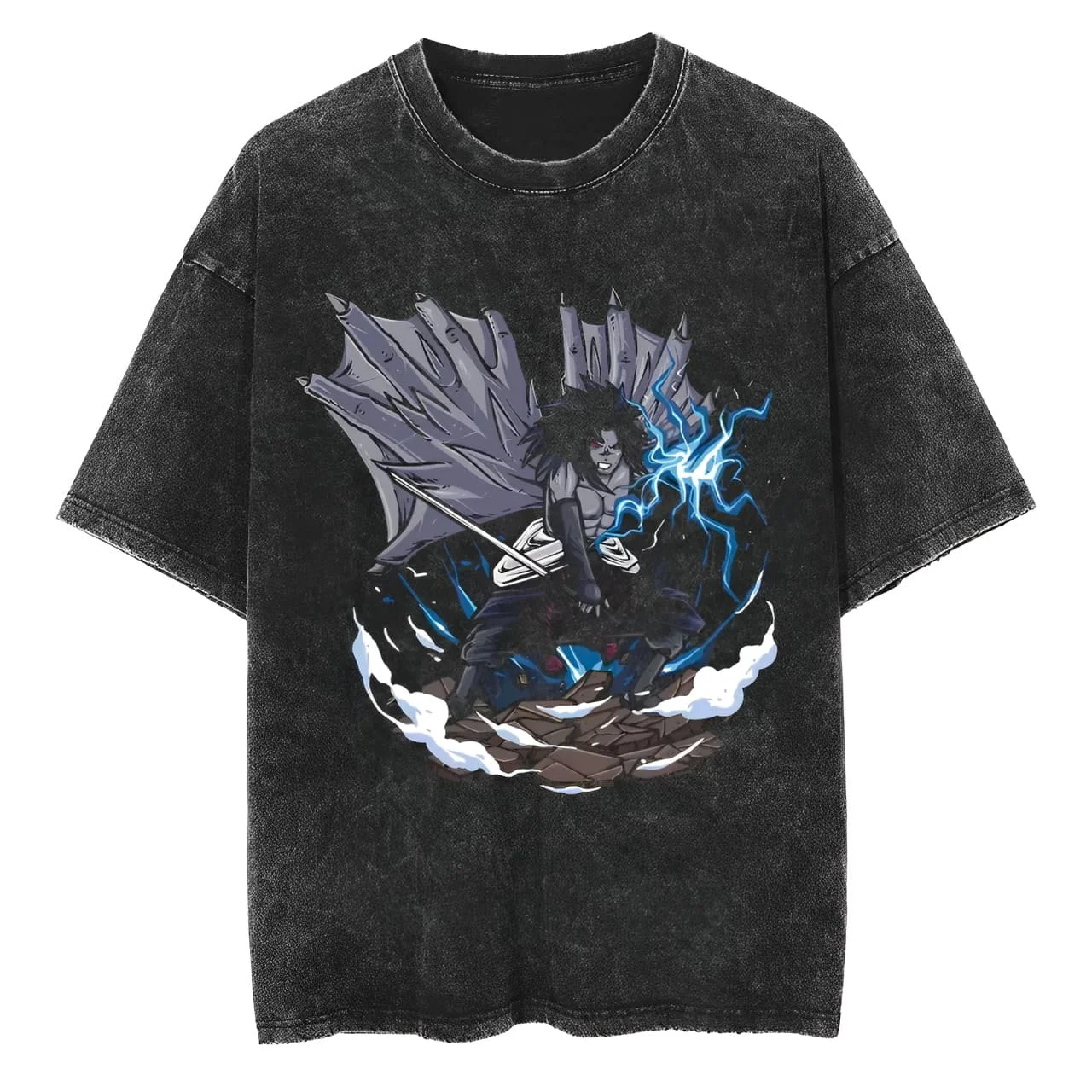 Naruto Sasuke T Shirt Curse Mark Demon Wings Vintage Acid Wash Streetwear Oversized Retro Anime Graphic Men Tees Clothing