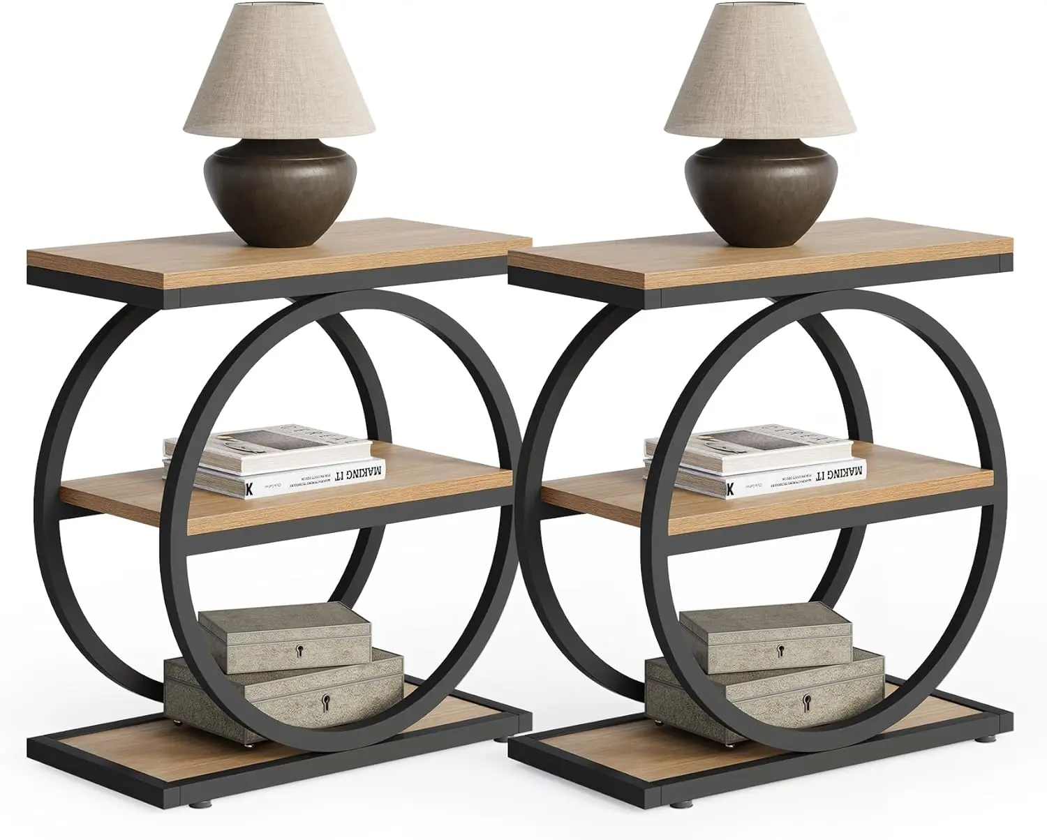 

End Table Set 2 Wooden Side Table with 3-Tier Storage Shelves Small Sofa Table for Living Room