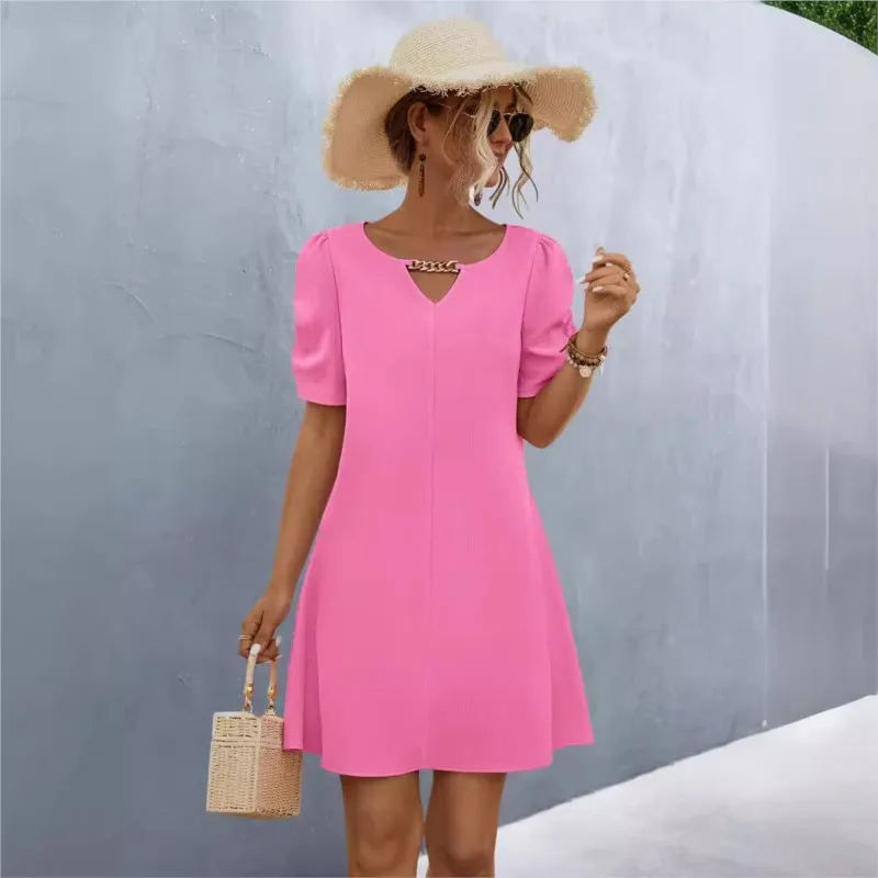 Summer New Women\'s Clothing Chain Splicing Hollow V-neck Short Sleeved Dress 2024 Female Rose Red A-Line Dress Black Solid Robe