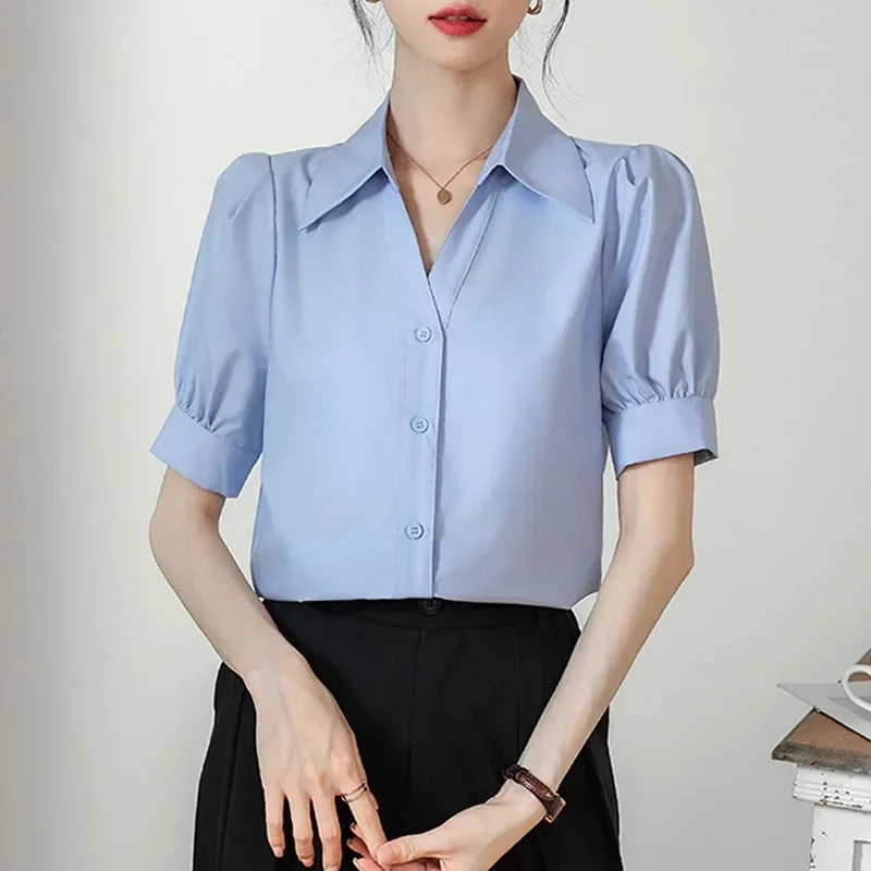 Summer Fashion Turn Down Collar Women Shirt Short Sleeve Chiffon Shirt Blouse Women Tops Blouses Blusas Para Mujer Camisas M85