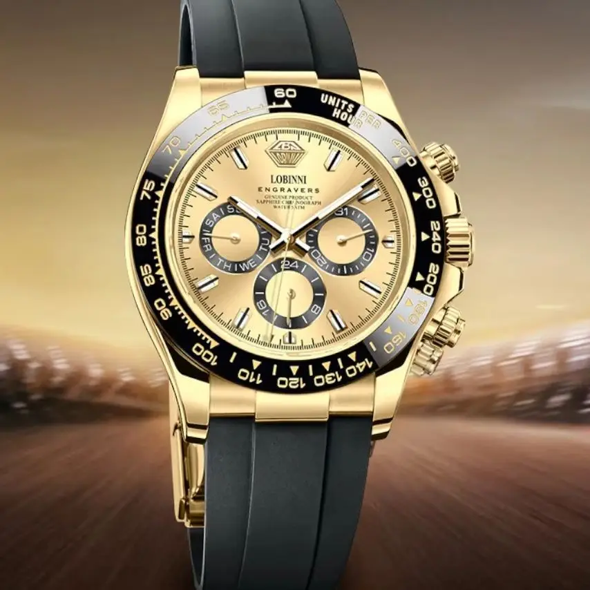Lobinni Men Automatic Watch 40mm Mechanical Wristwatch Waterproof Sapphire Mirror Ceramic Bezel Multi-Dial Week Date 24 Hours