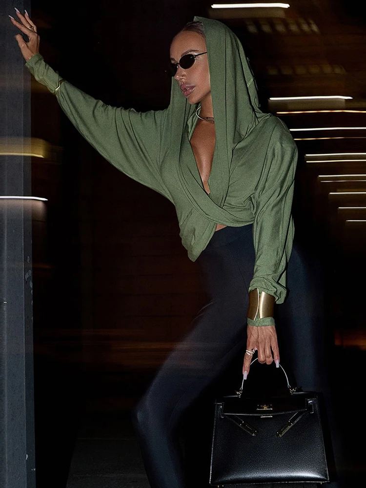 Kliou Sexy T-Shirts à capuche femme froncé croix col en v manches longues nombril exposé maigre Stretch filles chaudes haute rue Style hauts