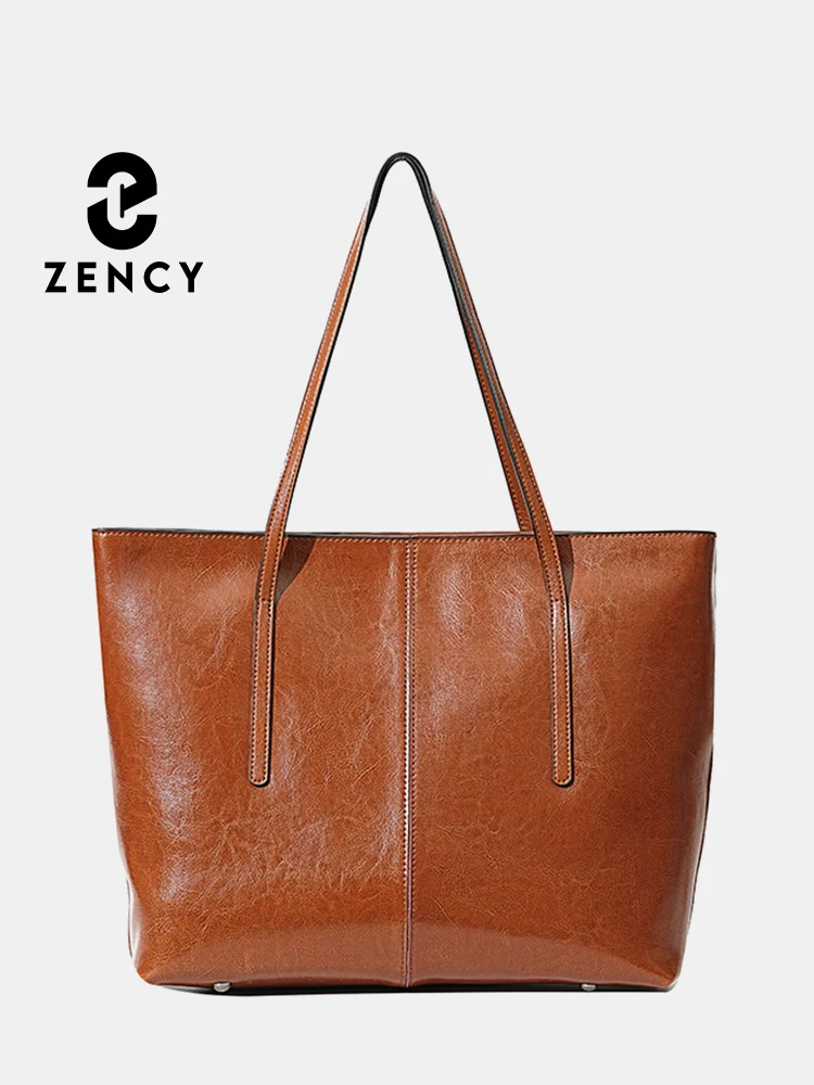 Zency 2024 New Coffee Women Handbag 100% Genuine Leather Ladies Shoulder Purse Ladies Black Tote Bag Large Capacity Shopper Bags