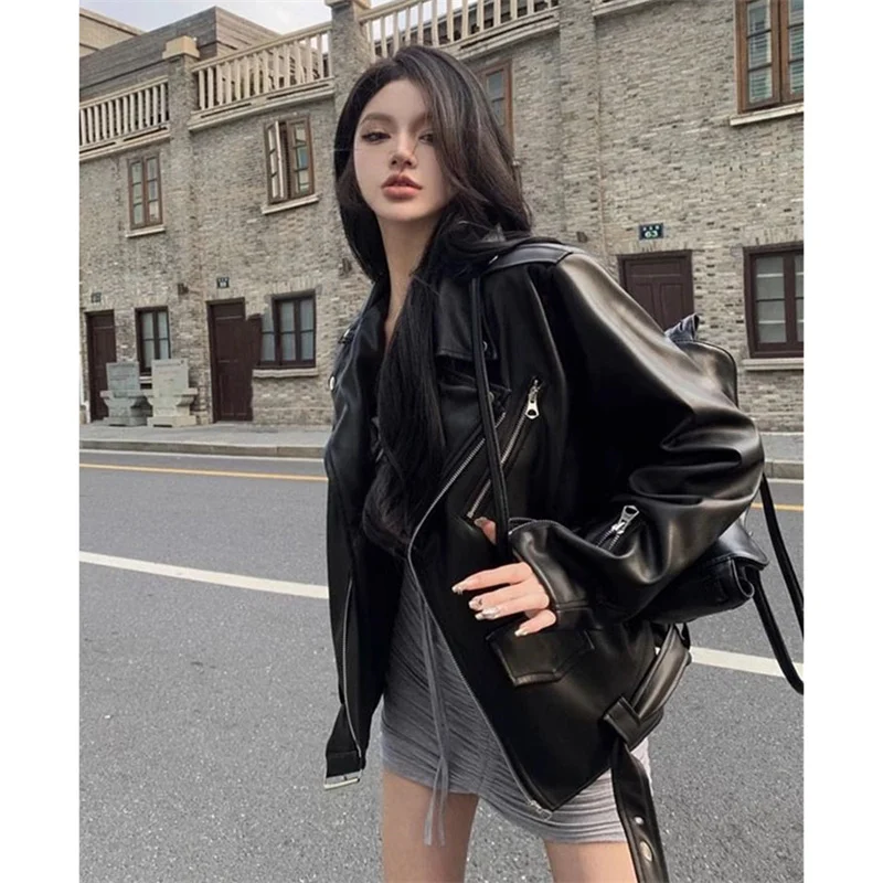 

Элитная женская куртка из искусственной кожи, новинка 2026 года, весенне-осенний уличный стиль, мотоциклетная куртка из ПУ кожи на молнии