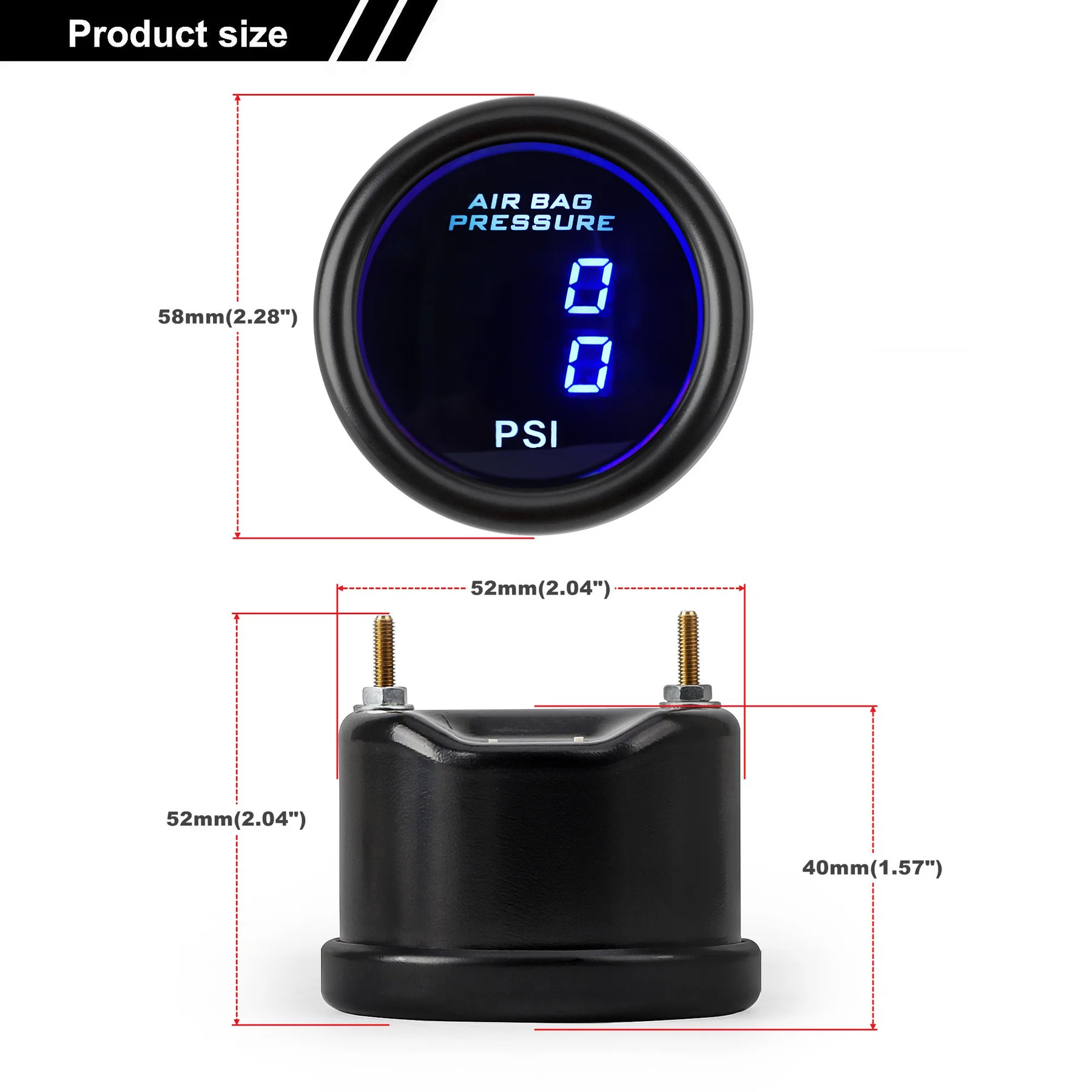 52mm Blue LED Dual Digital Display Air Suspension Pressure Gauge Air Ride Air Press With 1/8 NPT Electrical Sensor