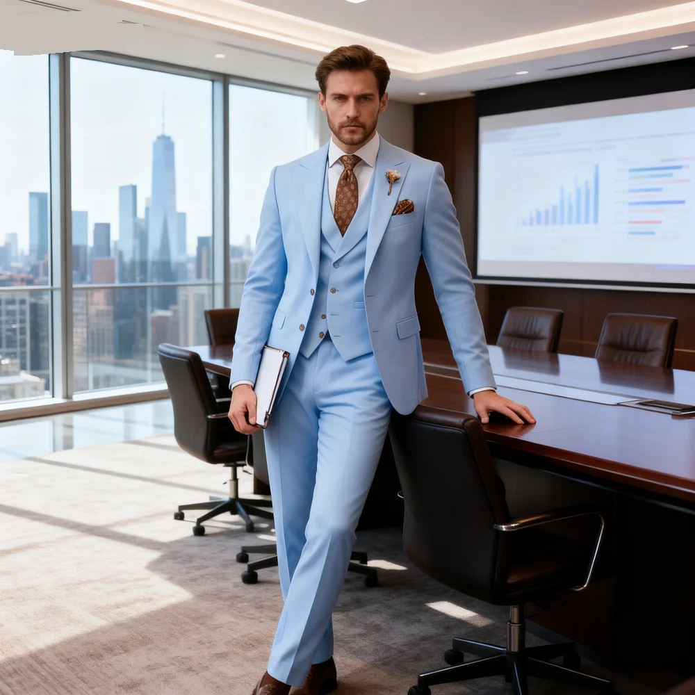 

3 Piece Khaki Men's Suits Slim Fit Peak Lapel Elegant Wedding Business Party Jacket Vest Pants Set High Quality