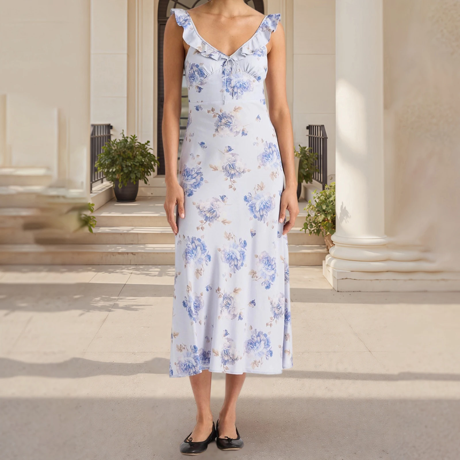 ผู้หญิงฤดูร้อน Midi Cami Dress แขนกุด Ruffle Trim V คอดอกไม้พิมพ์ชุดชายหาด