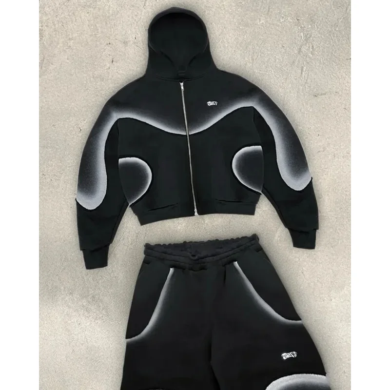 ❤ ❤ 2025 Y2k ملابس الشارع الأوروبية والأمريكية الظلام القوطية الشرير قلنسوة بسحاب موضة مخطط طباعة المتضخم S جديد ★ ☆