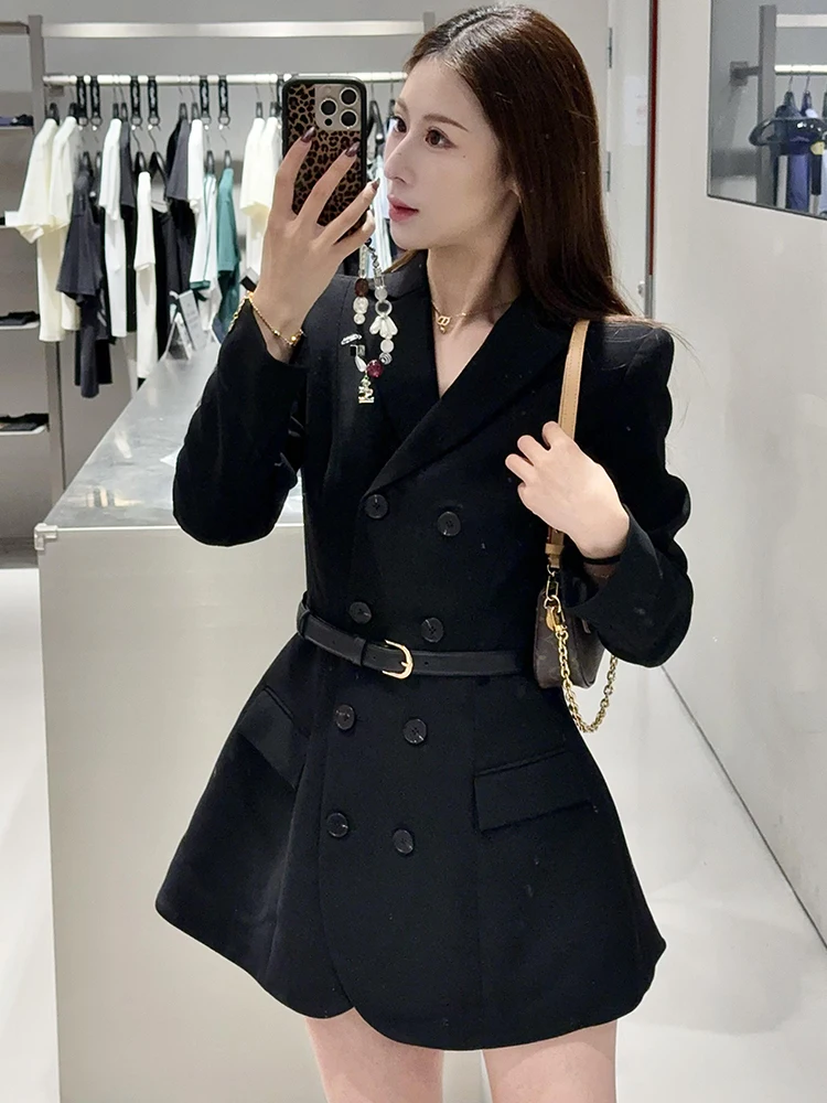 

Классическое черное платье-пиджак SelfSP Home: осенне-зимнее, с завышенной талией, А-силуэт, длинный рукав, приталенное, с завязками