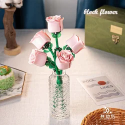 Rose Flower Building Block Bouquet Perpetual Flower 3D Model Home Decoration Plant Potted Flower Assembly Bricks Child Gift