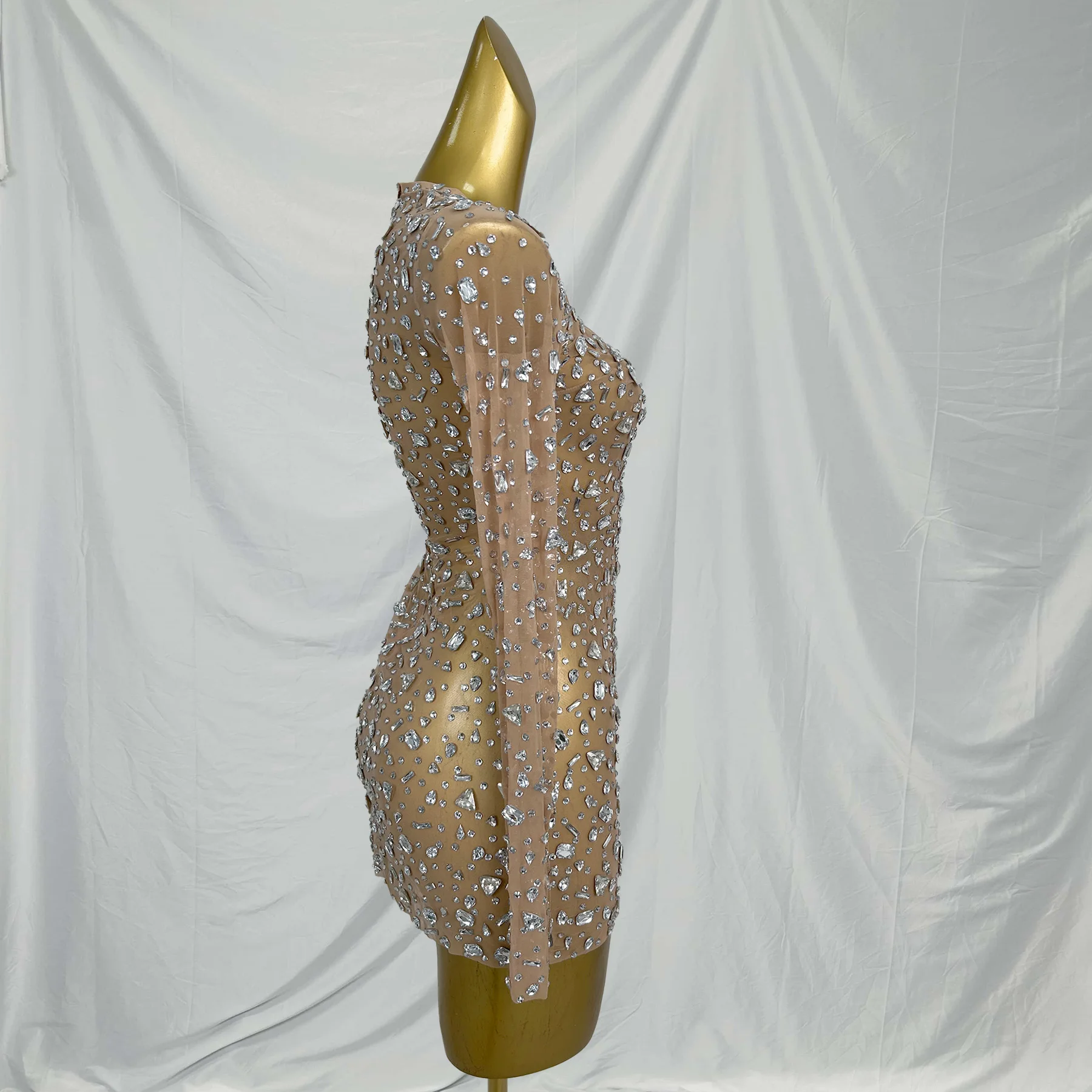 Sexy Long Sleeves Square Collar Night Club Party Banquet Mini Dress Cocktail Crystal Prom Sheath Dress Female Stripper Outfits