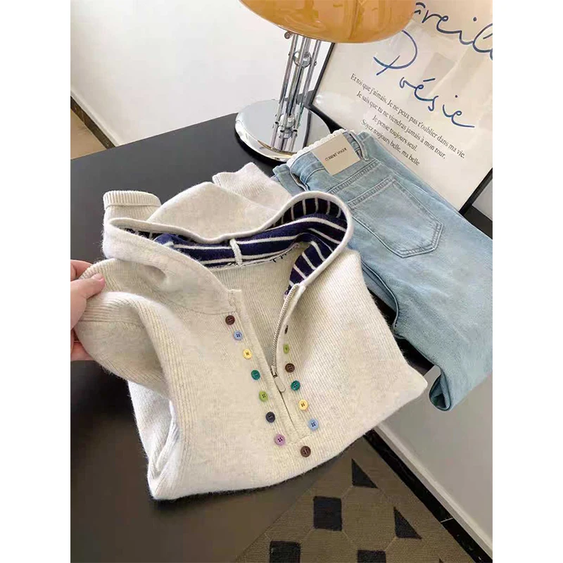 

MEXZT Hooded Sweater Women Harajuku Striped Patchwork Knitted Pullovers Korean Fashion Knitwears Winter Long Sleeve Jumpers New