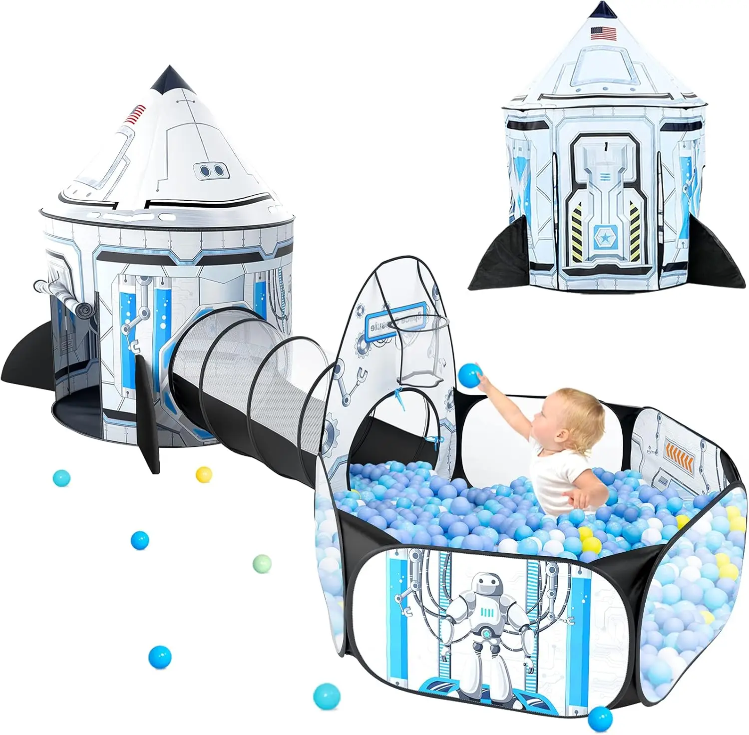 

Игровая палатка-космический корабль 3-в-1 для малышей: выдвижной бассейн с шариками и тоннель, игрушка для дома и улицы для детей 1-3 лет