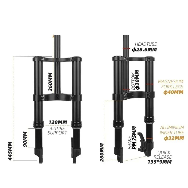 2024HIMALO Inverted Fat Fork 12inch Spring Oil Suspension Air Fork 135mm* 9mm Quick Release QR 12*4.0 Tire Fit for Fiido Q1 Q1S