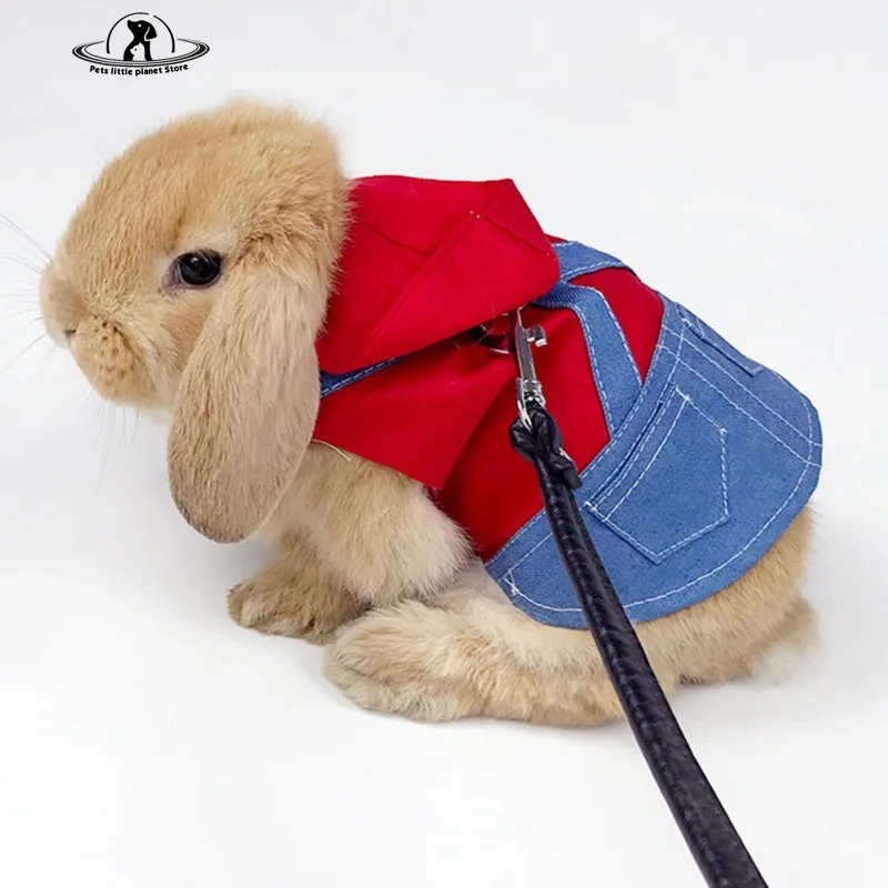 Pet Rabbit Clothes Denim Coat Small Animal Harness Leash Vest Bag Hat Set for Ferret Bunny Hamster Small Pet Supplies