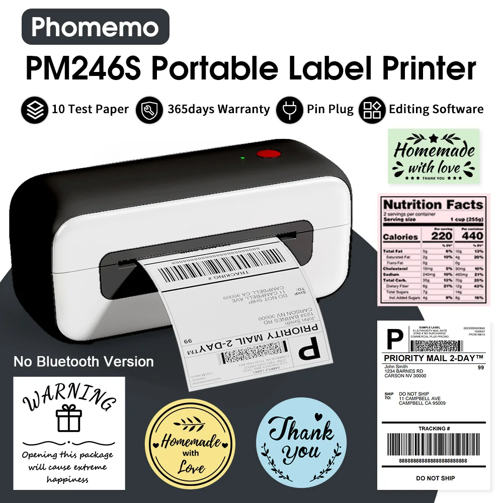 Portable Printer PM246S Thermal Label Printer Shipping Label Printer Phomemo PM241 No Bluethooth Version Label Maker for PC