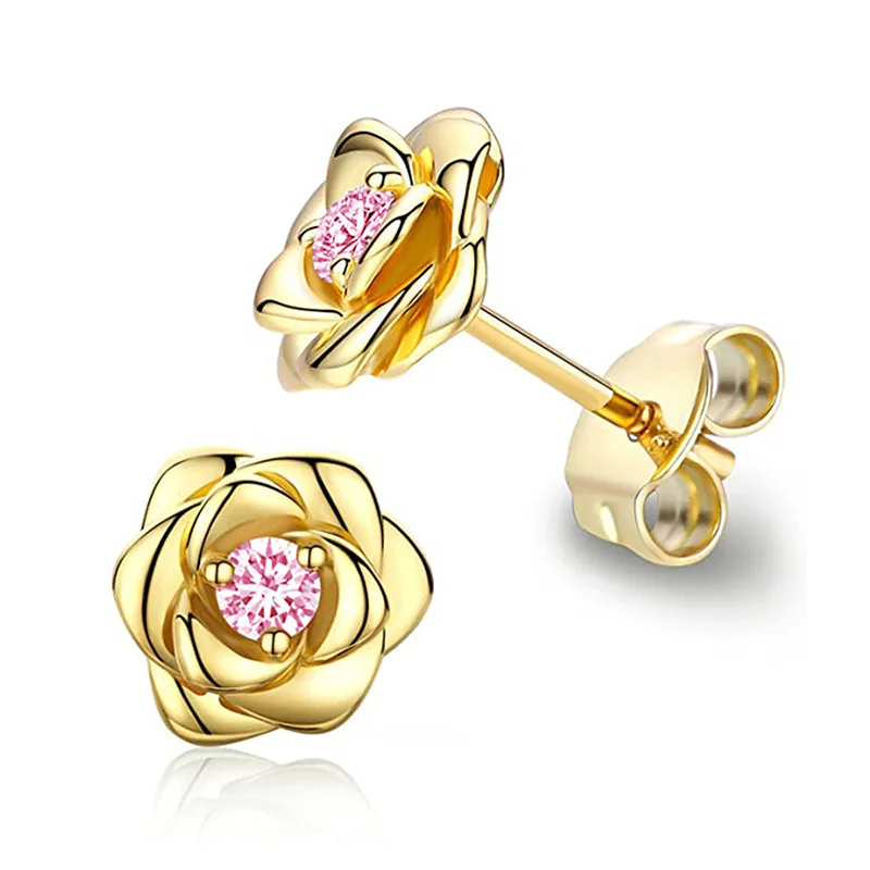 Women's Exquisite Rose Stud Earrings with Cubic Zirconia