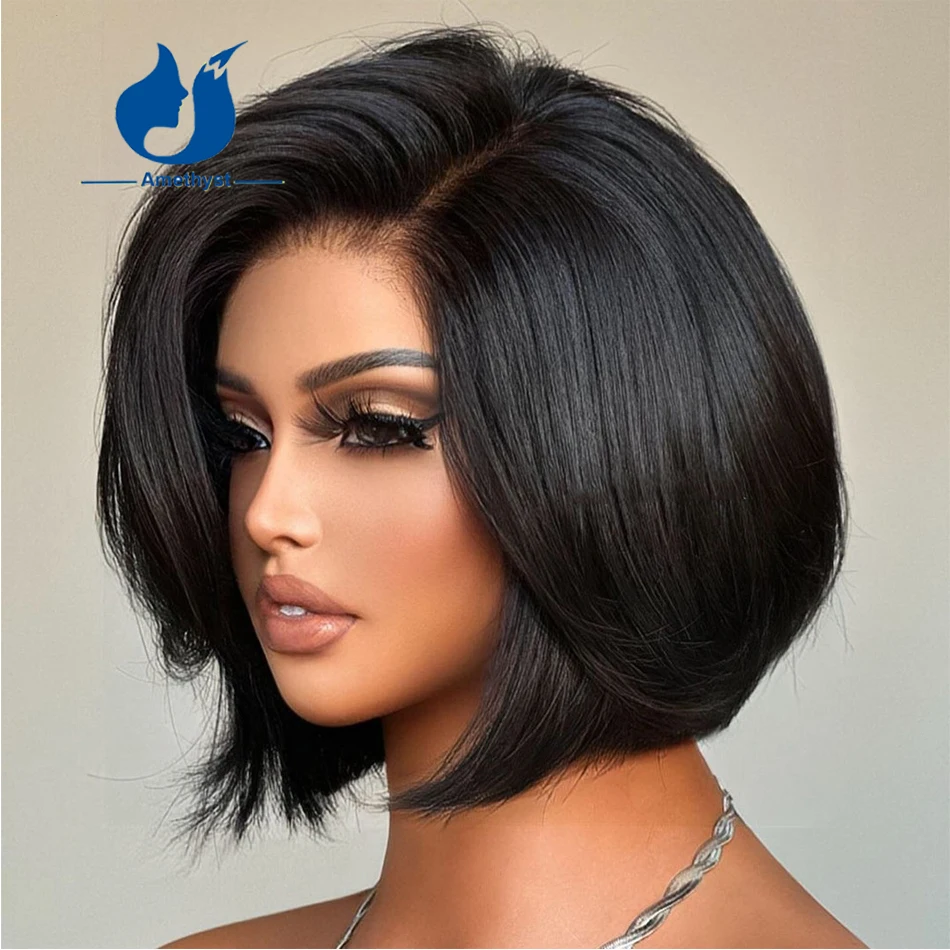 Amethyst Natural Layered Short Bob with Side Bangs for Women Straight 13x6 Lace Front Human Hair Wigs Straight Bob Pixie Cut