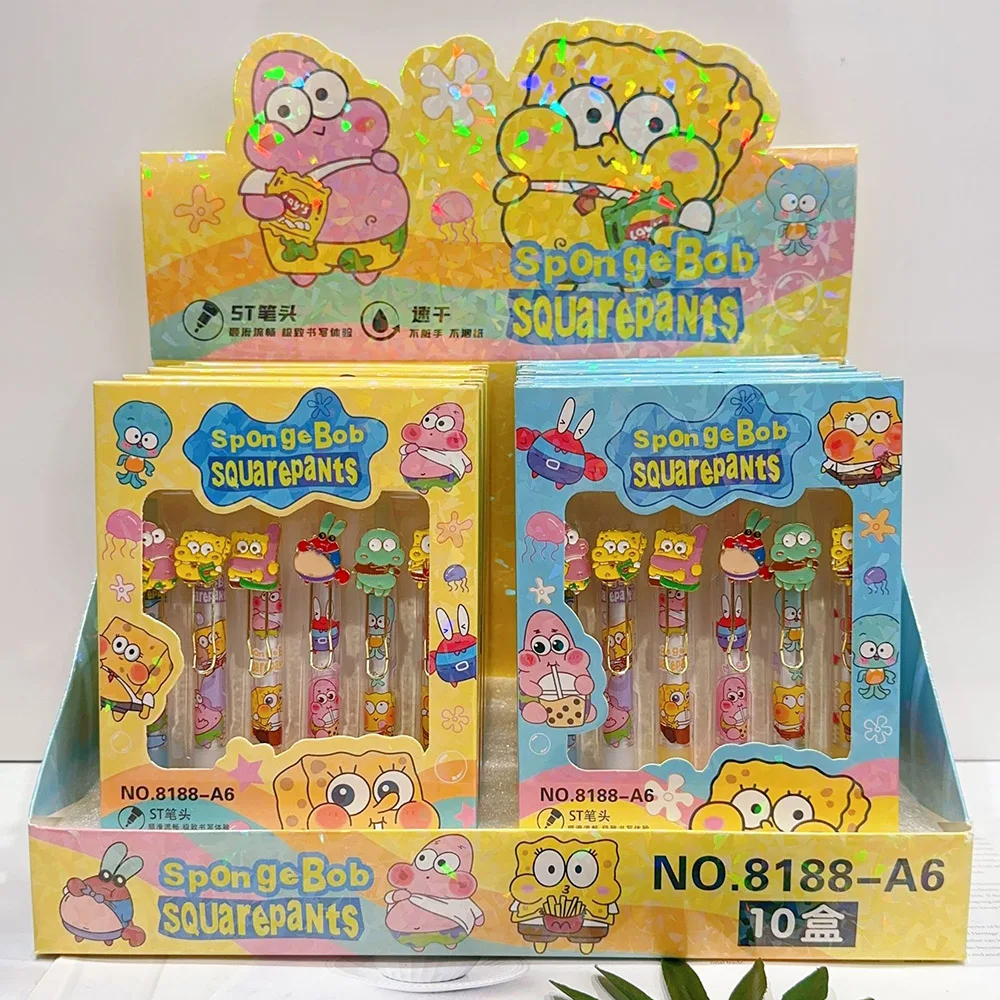 6PCS SpongeBob SquarePants Press Signature Pen Anime Figure Boxed Waterbased Pen School Supplies Student Stationery Gift For Kid