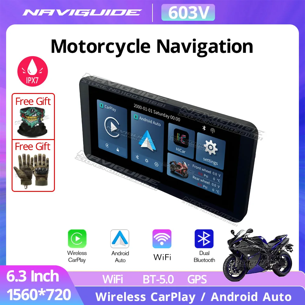 

NAVIGUIDE 603V 6.3 Inch Wireless Carplay For Motorcycle GPS Navi Portable Waterproof IPX7 Screen Android Auto Monitor BT WiFi