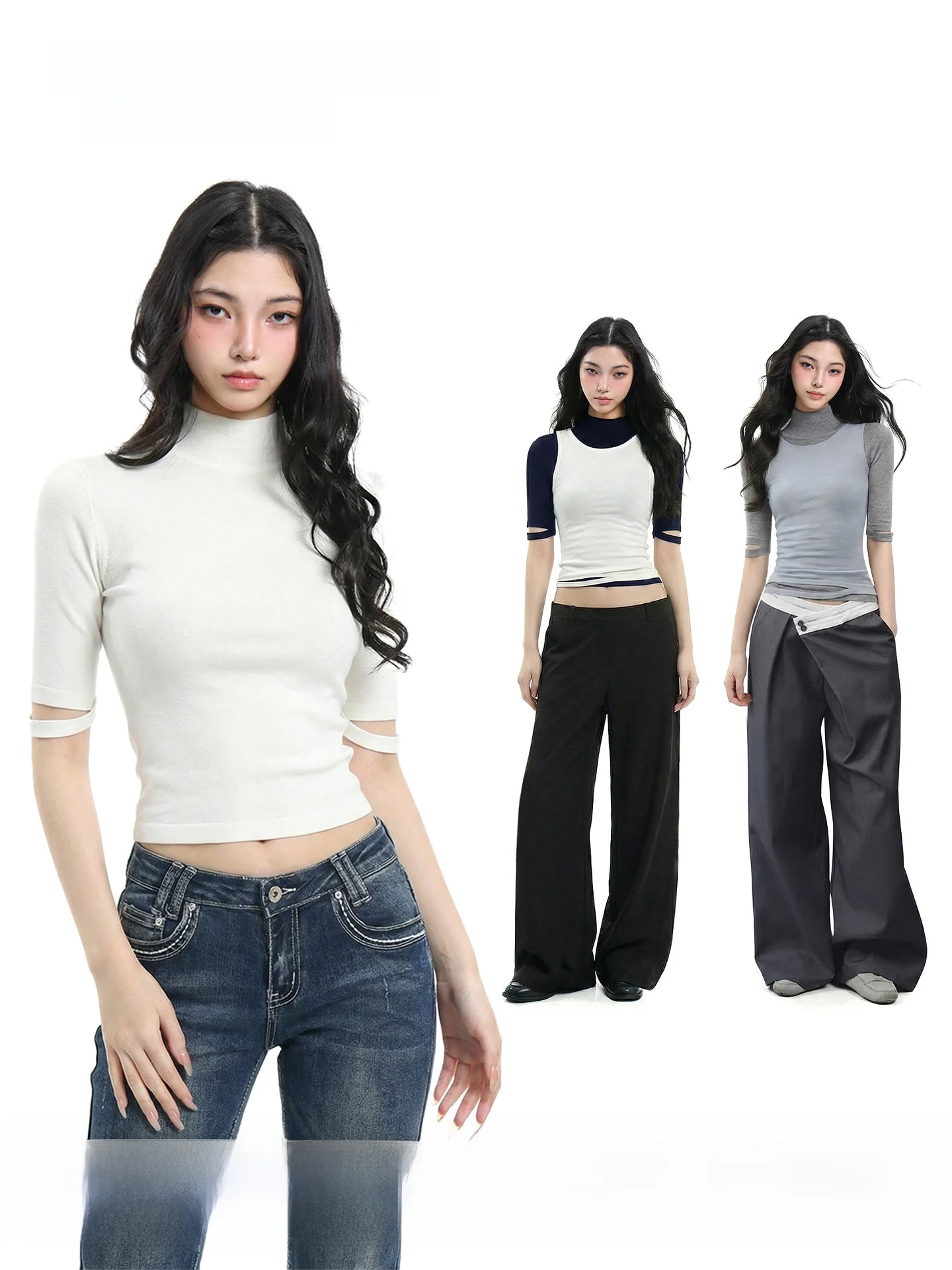 

Женская футболка Slim Fit с рукавом до локтя, топ с воротником-стойкой, UNCMHISEX, в американском стиле, имитация двухслойной рубашки с коротким рукавом