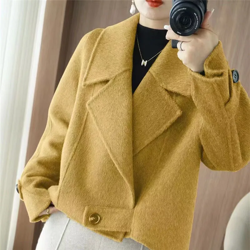 

Winter Double-sided Woolen Women Coat Long Sleeves Wool Blend Female Outwear Korean Loose Fitting Woolen Short Ladies Jacket