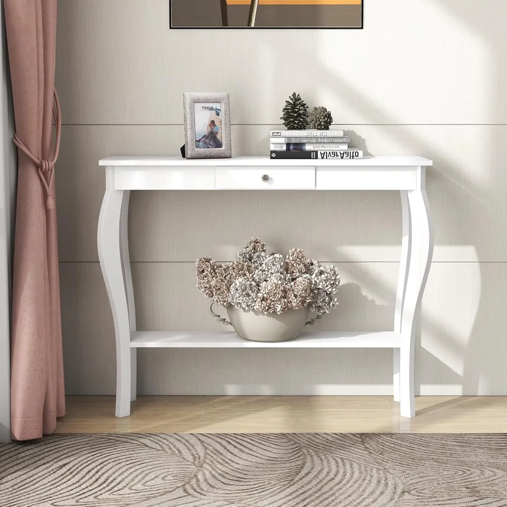 

Narrow Console Table with Drawer, Chic Accent Sofa Table, Entryway Table, 39.3 Inch, White