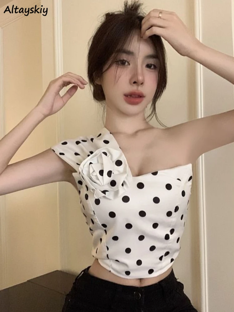 

Tanks Women Slim Sexy Asymmetrical Creativity Sweet Flower Summer Cropped Korean Style Retro Dot Hot Girls Elegant Stylish New