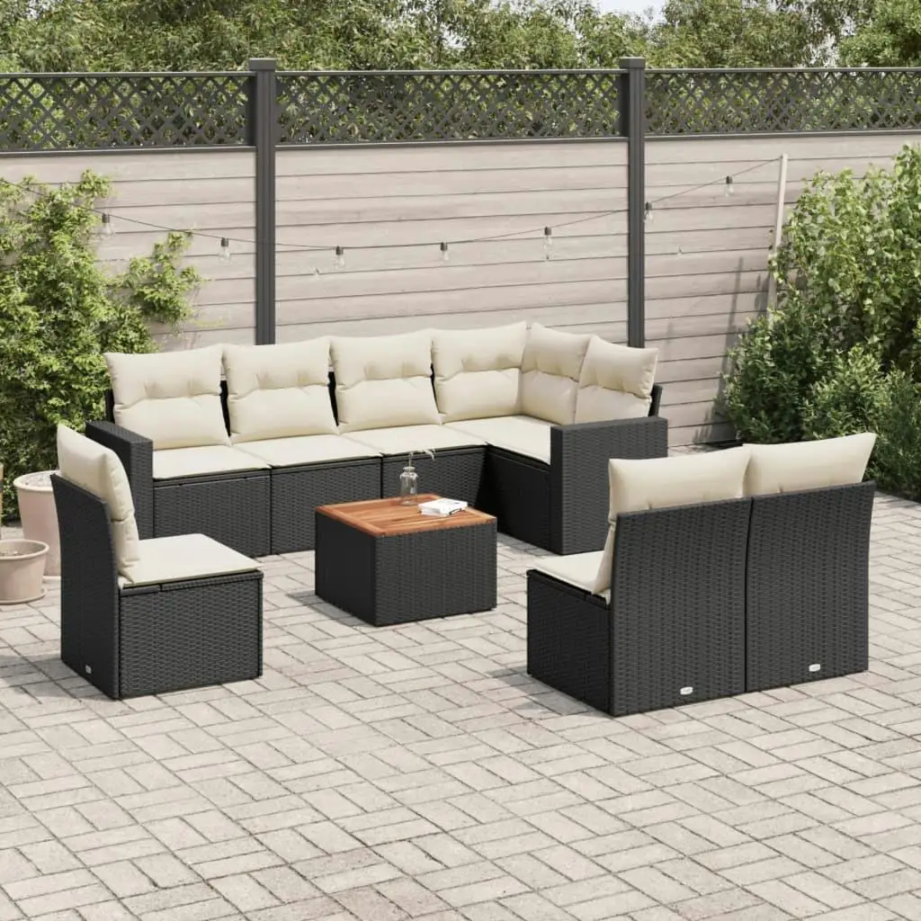 

Comfortable Black Rattan Garden Sofa Set with Cream White Cushions Stylish Outdoor Furniture Perfect for Patio Relaxation