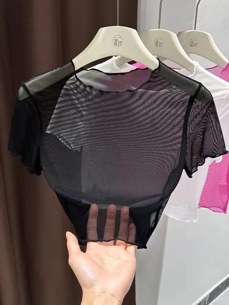 Summer Mesh Short Sleeve Crop Top Women's Slim Fit Breathable Light Weight Sexy Base Shirt Pure Color Cover up Lace Detail