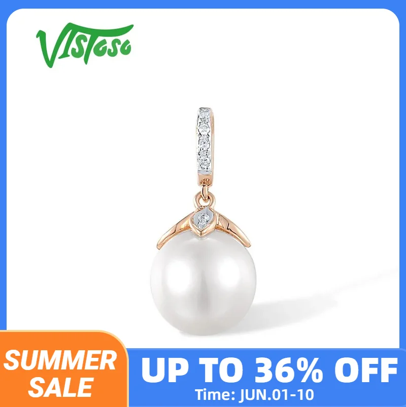 VISTOSO Authentic14K 585 Rose Gold Pendant For Women Sparkling Diamond Fresh Water White Pearl Delicate Simple Fine Jewelry