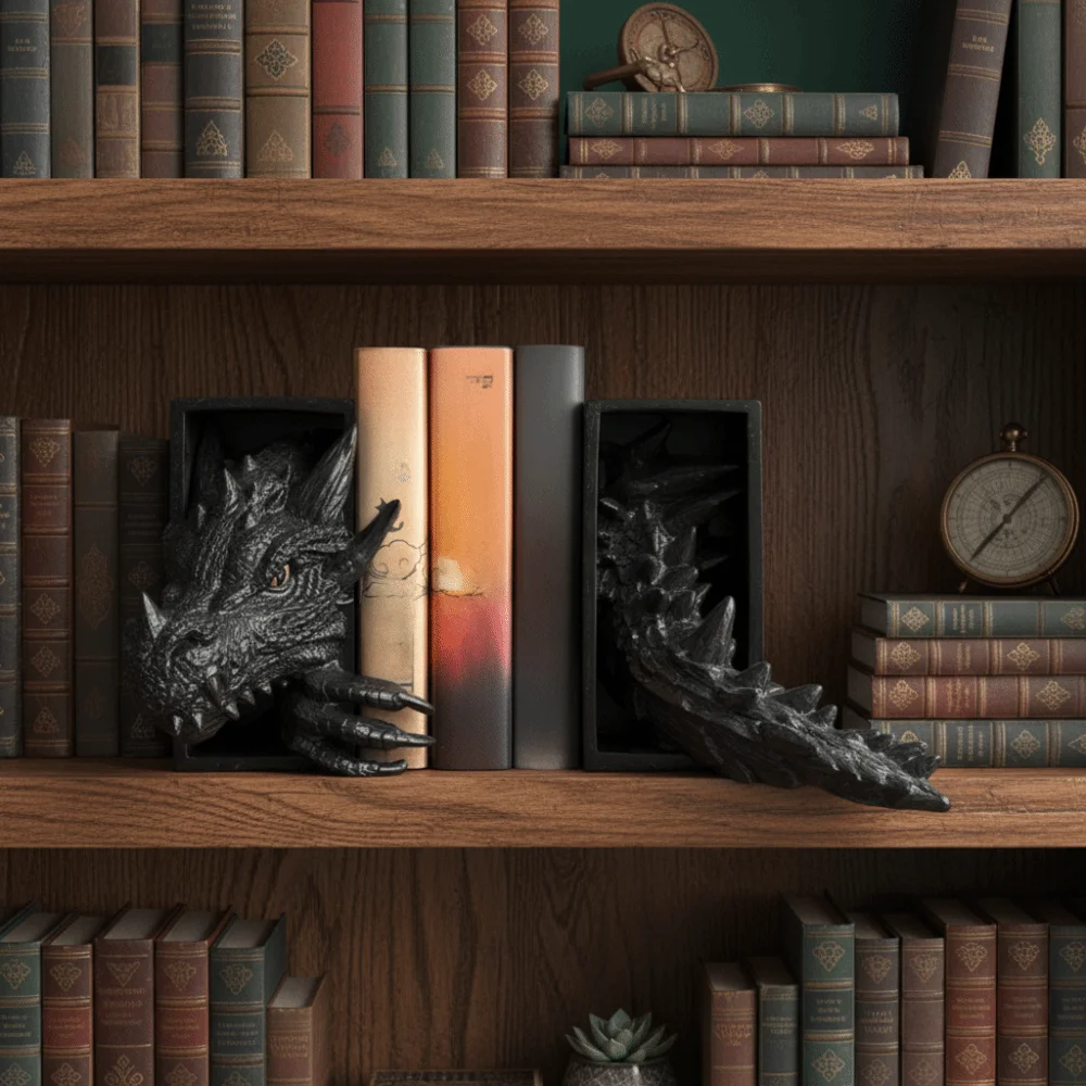 3D Dragon-Shaped Book Stand Set Vintage Resin Bookshelf Dragon Ornaments Medieval Dragon Book Corner Ornament File Cabinet