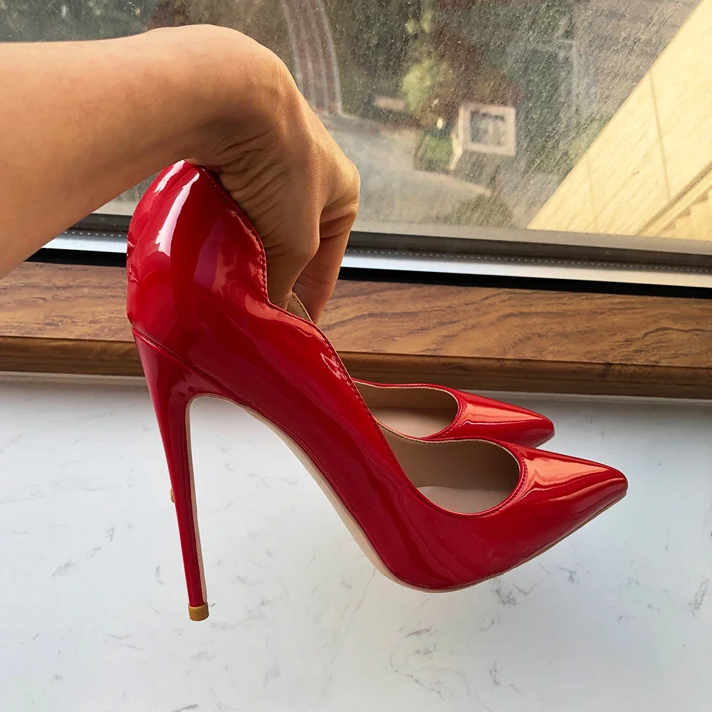 Tikicup recentemente 2025 brilhante vermelho v corte feminino sexy dedo do pé pontiagudo salto alto designer de moda vestido formal sapatos de festa plus size 33-46