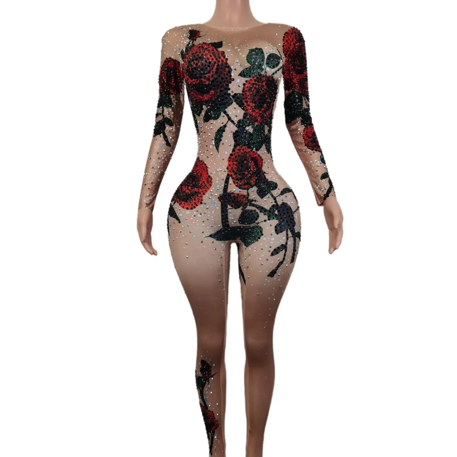 Romantic Rose Pattern Rhinestone Stretch Skinny Leotard Nightclub DJ Stage Costumes Pole Dancing Performance Jumpsuit Meiguiku