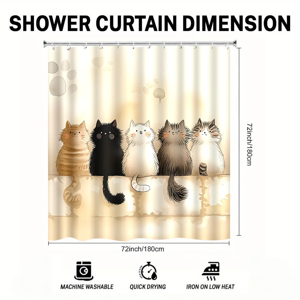 1 PC Shower Curtain with Five Furry Cats and Fun Paw Prints, Including 12 Hooks, 180 X 180 cm. Perfect for Bathroom Decor, En view 3